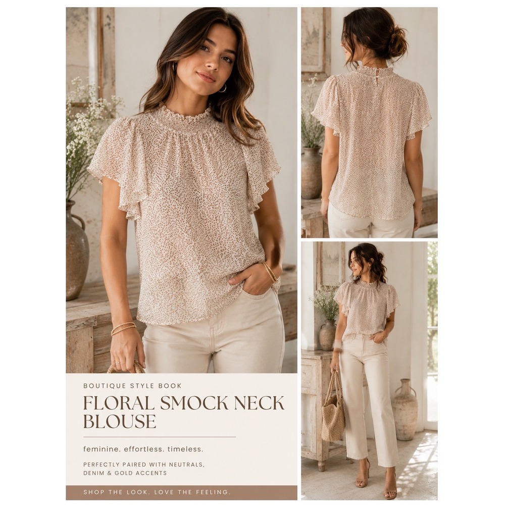 NWT Hayden LA Floral Smockneck Blouse L‎ Cream Orange Boho Cottagecore Chic